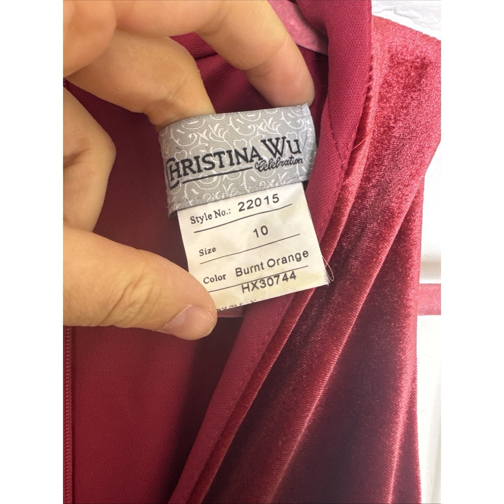 Christina Wu Celebration Burnt Orange Velvet V-Neck Maxi Formal Dress Size 10 - Picture 4 of 10
